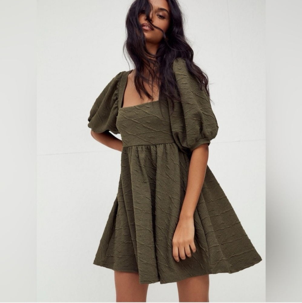 Free People Violet Puff Sleeve Mini Dress Olive Green S